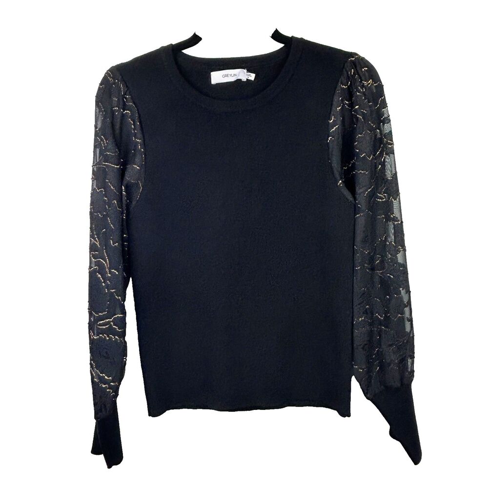 Greylin Anthropologie Black Knit Top w/ Lace Long Sleeves Sheer Romantic Goth M